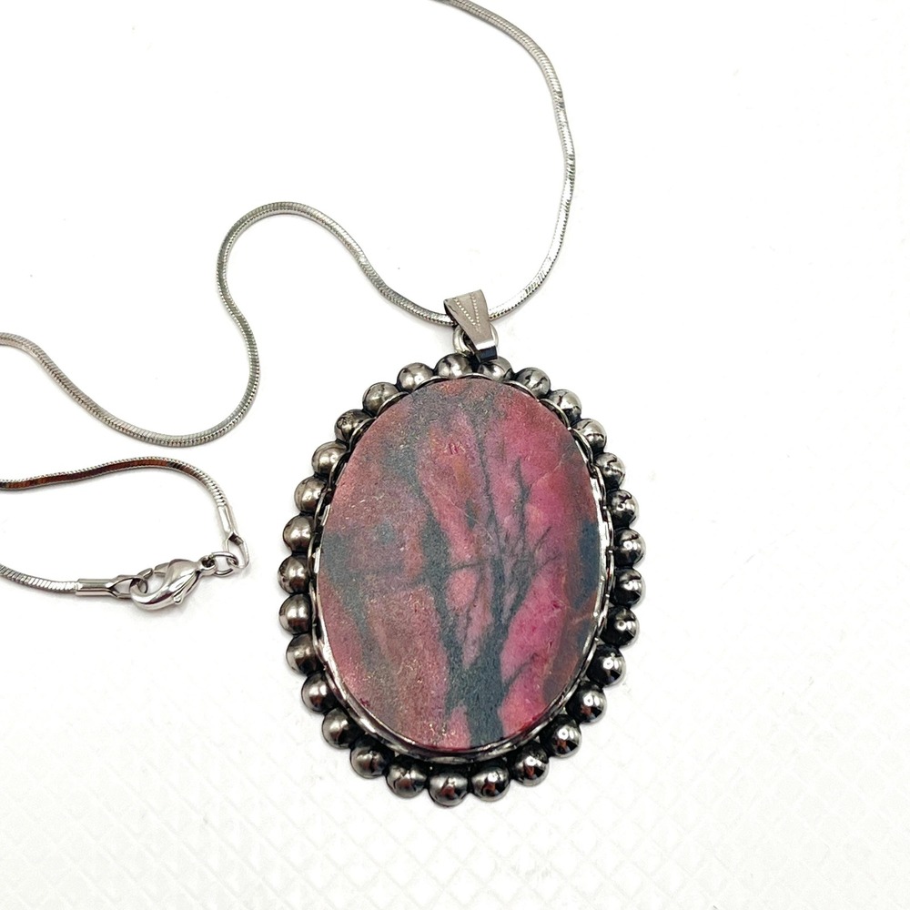 Vintage Pink Stone Rhodonite Oval Slab Pendant Silver Tone 16" Necklace